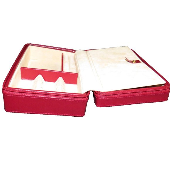 Dulwich Designs Vintage 7 Inch Red Leather Zip Around Jewelry Box Travel Case - Picture 2 of 14